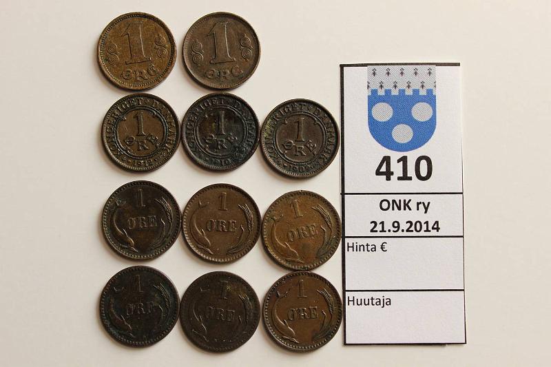 k-0410-a.jpg - Kohde 410, lhthinta: 10 € / myyntihinta: 10 € Tanska 1 re (11) 1874-1919 KM#792.1 ja 2, 804, 812.1 ja 2 Br, 1874, 89, 91, 99, 1902, 04, 09, 10, 12, 16, 19, kunto: 3-6