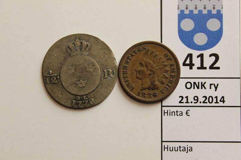 k-0412-a.jpg - Kohde 412, lhthinta: 5 € / myyntihinta: 5 € USA 1c, Ruotsi 1/24RD 1866, 1778 KM#90a, 523 Cu, Ag, kunto: 5,3