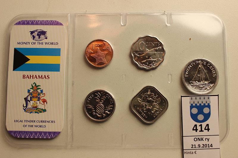 k-0414-a.jpg - Kohde 414, lhthinta: 5 € / myyntihinta: 7 € Bahama 1992-2007 UNC, 1,5,10,15 ja 20c. Money of the World -muovikortissa, kunto: 9