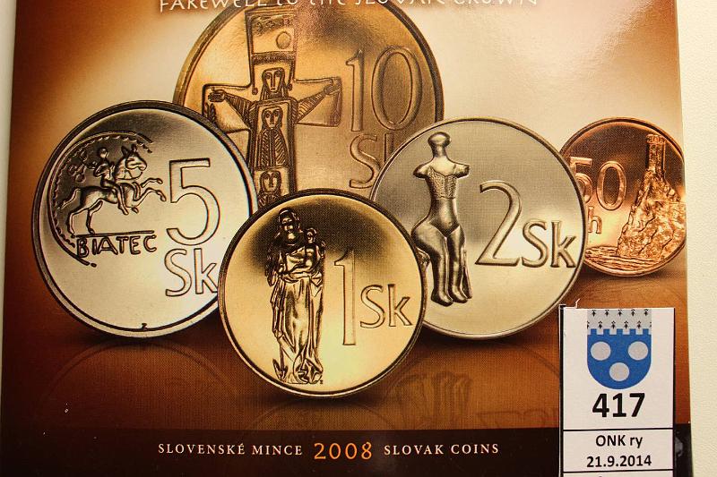 k-0417-a.jpg - Kohde 417, lhthinta: 5 € / myyntihinta: 11 € Slovakia 2008 BU, Farewell to the Slovak Crown, 50h, 1,2,5,10 sk + jetoni, pahvikotelo, kunto: 9