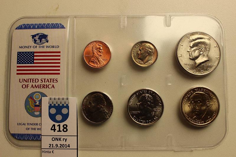 k-0418-a.jpg - Kohde 418, lhthinta: 5 € / myyntihinta: 5 € USA 1989-2006 UNC, 1c-04, 5c-04, 10c-89, 1/4D-05, D-06d, 1D. Money of the World -muovikortissa, kunto: 9