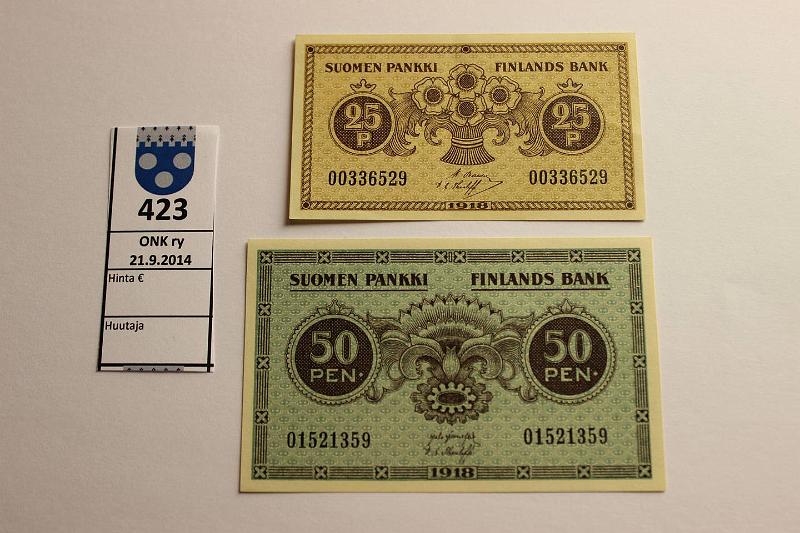 k-0423-a.jpg - Kohde 423, lhthinta: 7 € / myyntihinta: 10 € 25 ja 50 p 1918 SNY 103, 105 25p 0033..BAS-The; 50p 015..JR-The, kunto: 7,9