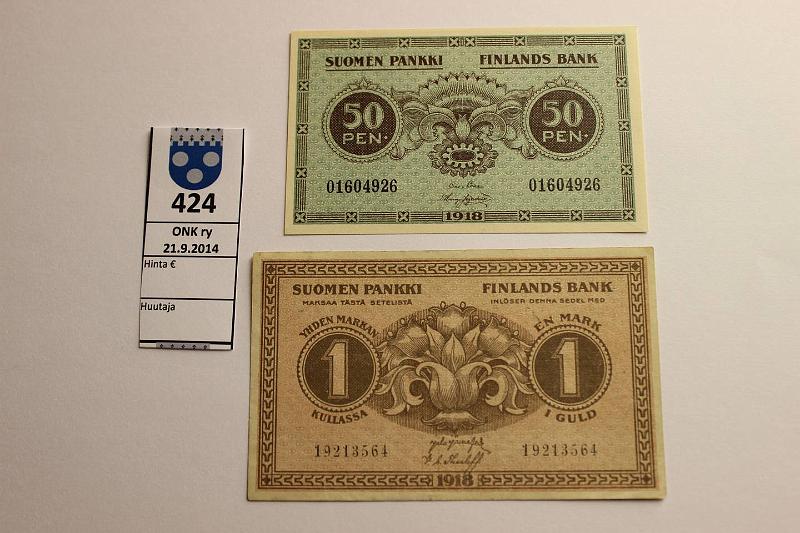 k-0424-a.jpg - Kohde 424, lhthinta: 5 € / myyntihinta: 9 € 50 p ja 1 mk 1918 SNY 105, 113 50p 016.. COL-his; 1mk 192..JR-The, kunto: 9,6