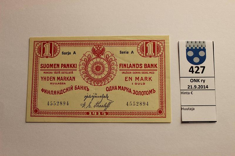 k-0427-a.jpg - Kohde 427, lhthinta: 7 € / myyntihinta: 7 € 1 mk 1915 Sarja A SNY 111.2 4452884 JR-The, kunto: 7