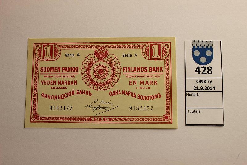 k-0428-a.jpg - Kohde 428, lhthinta: 10 € / myyntihinta: 10 € 1 mk 1915 Sarja A SNY 111.2 9182477 BAS-His, hento painauma, kunto: 8
