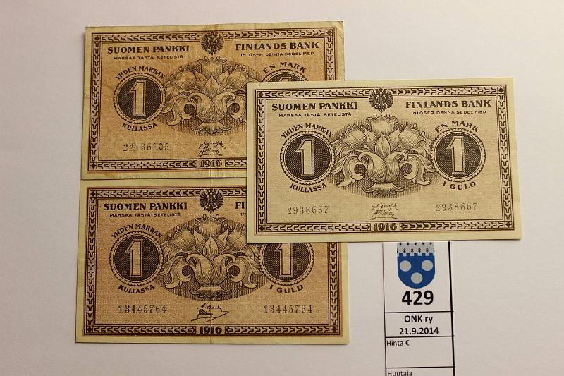 k-0429-a.jpg - Kohde 429, lhthinta: 5 € / myyntihinta: 9 € 1 mk 1916 (3) SNY 112.1 112.2 293..JR-Ml, 134..BAS-Ml, 221..JR-Ml, kunto: 6,4,3