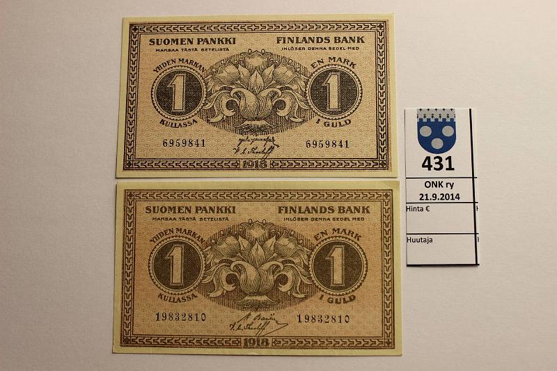 k-0431-a.jpg - Kohde 431, lhthinta: 5 € / myyntihinta: 13 € 1 mk 1918 (2) SNY 113 6959841 JR-The, 19832810 BAS-The, kunto: 10,6