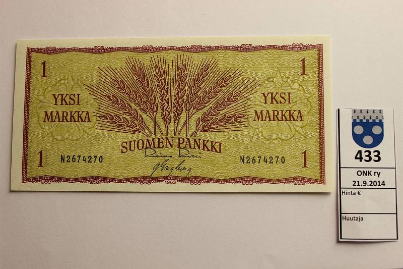 k-0433-a.jpg - Kohde 433, lhthinta: 20 € / myyntihinta: 20 € 1 mk 1963 SNY 114.1 N2674270 RO I-Eng, kunto: 9
