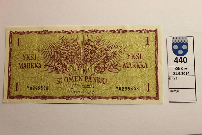 k-0440-a.jpg - Kohde 440, lhthinta: 10 € / myyntihinta: 10 € 1 mk 1963 SNY 114.1 Y0295308 SIM-Tr, kunto: 6
