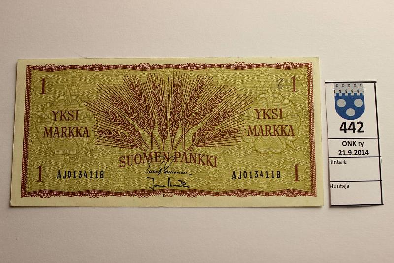 k-0442-a.jpg - Kohde 442, lhthinta: 20 € / myyntihinta: 66 € 1 mk 1963 SNY 114.1 AJ0134118 LEI-Ara, km, erittin harv. ak-pari (W), kunto: 6