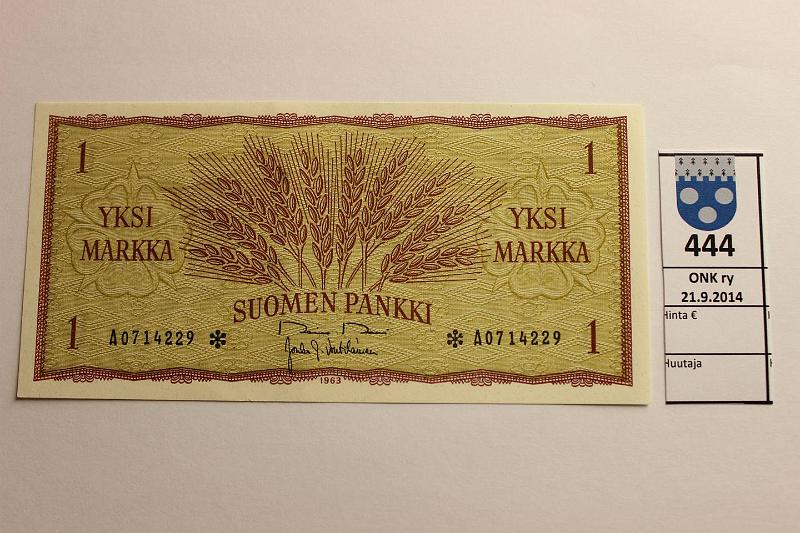 k-0444-a.jpg - Kohde 444, lhthinta: 10 € / myyntihinta: 34 € 1 mk 1963* SNY 114.2 A0714229* RO II-Vou, paperiliittimen jlki, ei taitteita. Korvaava, kunto: 8