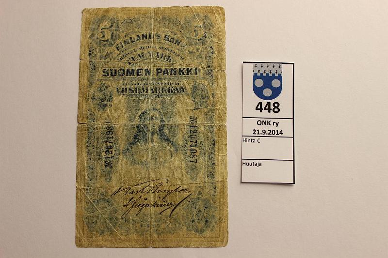 k-0448-a.jpg - Kohde 448, lhthinta: 15 € / myyntihinta: 15 € 5 mk 1897 SNY 129.2 1207198 BER-Jg, rep, reiki, kunto: 2