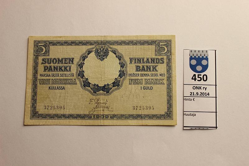k-0450-a.jpg - Kohde 450, lhthinta: 15 € / myyntihinta: 16 € 5 mk 1909 SNY 130.1 3725395 STE-Ml, km. Vaikea ak pari: kirja ei tunne, kunto: 4