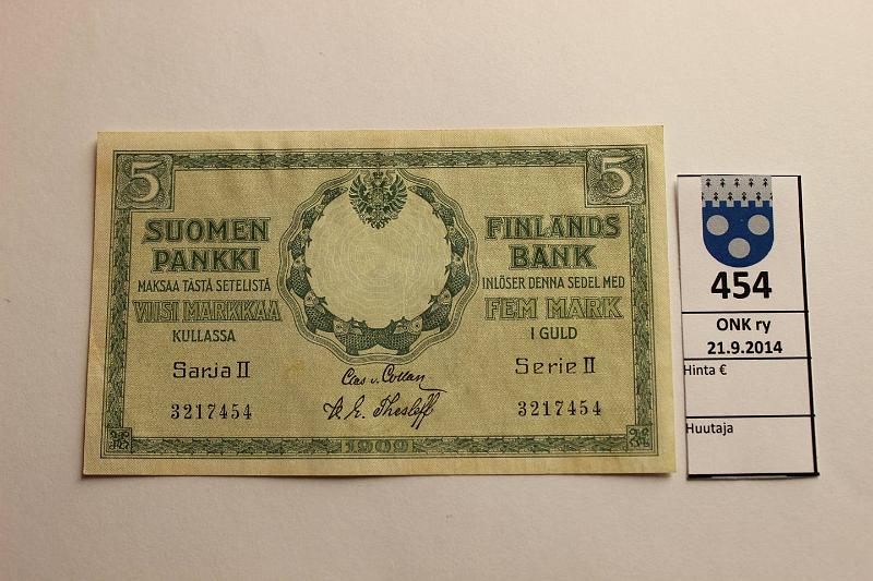 k-0454-a.jpg - Kohde 454, lhthinta: 15 € / myyntihinta: 28 € 5 mk 1909 sarja II SNY 130.11 3217454 COL-The, aaltoilua, tahra, kunto: 5