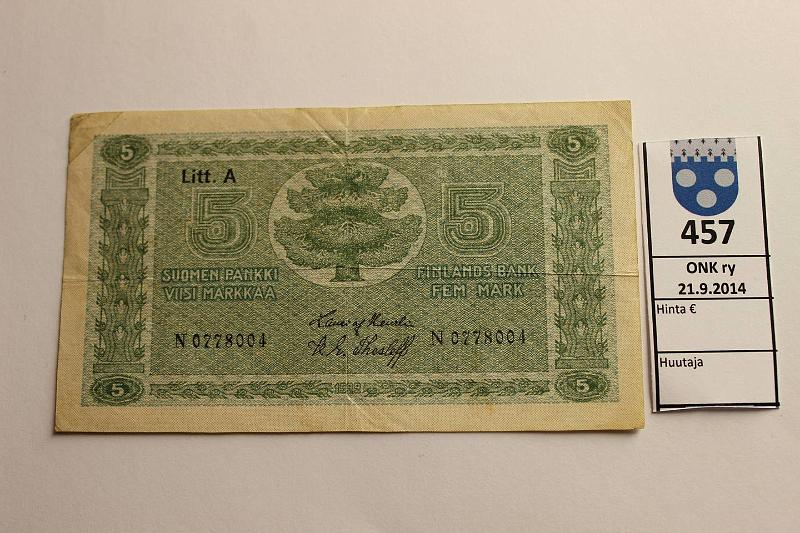 k-0457-a.jpg - Kohde 457, lhthinta: 16 € / myyntihinta: 16 € 5 mk 1922 LA SNY 132.2 N0778004 HEU-The, kunto: 4