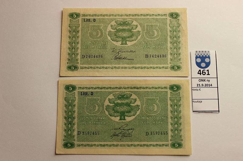 k-0461-a.jpg - Kohde 461, lhthinta: 15 € / myyntihinta: 15 € 5 mk 1939 LD (2) SNY 133.1, 133.2 D762..KIV-Wah vl 1, D359..RAN-AAs vl 2, kunto: 6,8