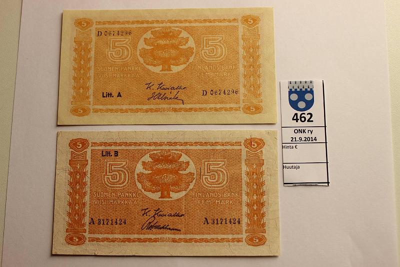k-0462-a.jpg - Kohde 462, lhthinta: 20 € 5 mk 1945 LA, LB SNY 134.1, 134.2 LA D067.. KIV-Als, LB A317..KIV-Wah prep, kunto: 9,4