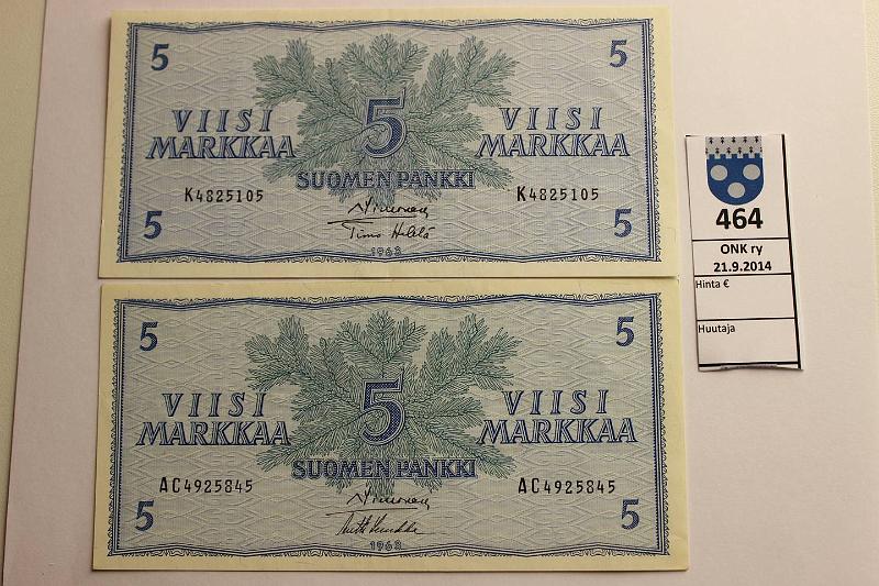 k-0464-a.jpg - Kohde 464, lhthinta: 10 € / myyntihinta: 10 € 5 mk 1963 (2) SNY 135.1 K482..SIM-He, AC492..SIM-Luu, kunto: 8,7