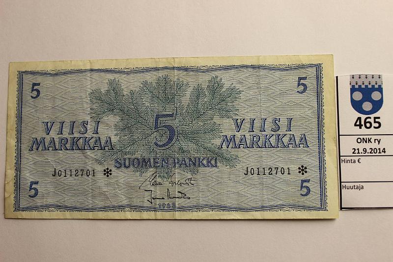 k-0465-a.jpg - Kohde 465, l�ht�hinta: 20 &euro; / myyntihinta: 20 &euro; 5 mk 1963* SNY 135.2 J0112701* KO I-Ara, korvaava, kunto: 4