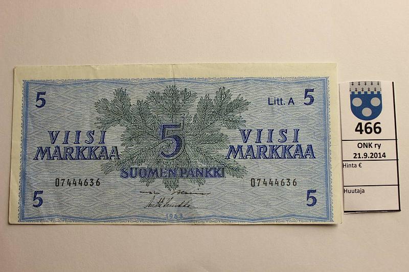 k-0466-a.jpg - Kohde 466, lhthinta: 7 € / myyntihinta: 7 € 5 mk 1963 LA SNY 135.3 O7444636 AL I-Luu, iso kohdistusvirhe, kunto: 5
