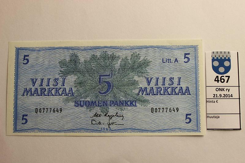 k-0467-a.jpg - Kohde 467, lhthinta: 5 € / myyntihinta: 5 € 5 mk 1963 LA SNY 135.3 Q0777649 KA I-Leh, kunto: 8