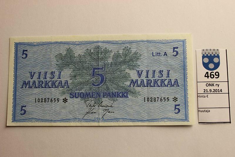 k-0469-a.jpg - Kohde 469, lhthinta: 5 € / myyntihinta: 5 € 5 mk 1963 LA* SNY 135.4 I0287655* UUS-Nar, korvaava, kunto: 5