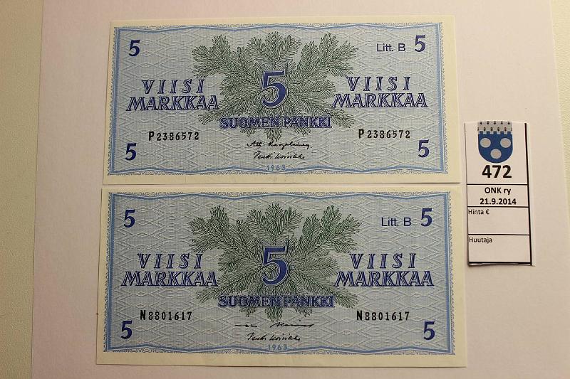 k-0472-a.jpg - Kohde 472, lhthinta: 7 € / myyntihinta: 10 € 5 mk 1963 LB (2) SNY 135.6 P238..KA II-Ko1, N880..AL I-Ko1. Molemmissa kohdistusvirhe, kunto: 9,7