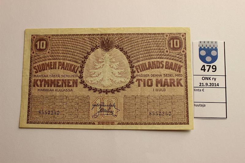 k-0479-a.jpg - Kohde 479, lhthinta: 25 € / myyntihinta: 25 € 10 mk 1909 SNY 141.1 8550250, JR-Ml, srjn:o 2mm, kunto: 4
