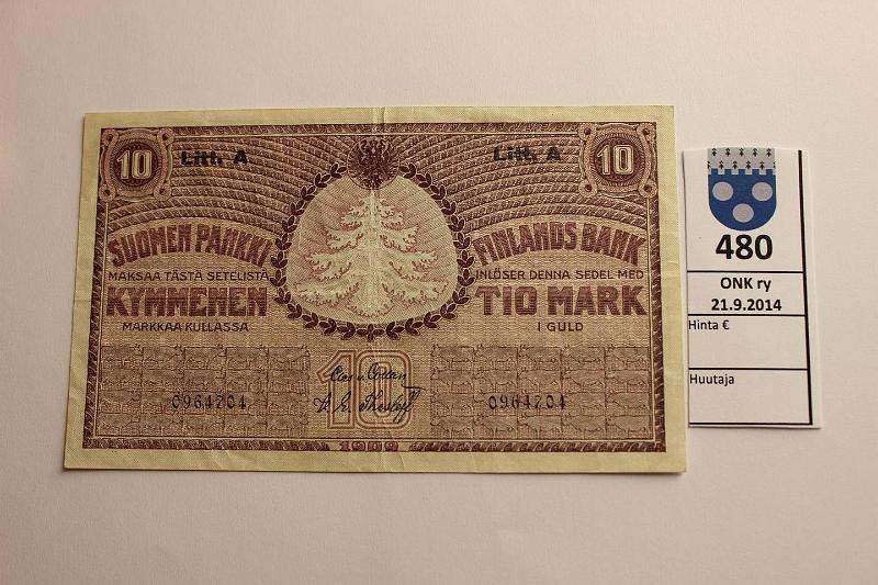 k-0480-a.jpg - Kohde 480, lhthinta: 15 € / myyntihinta: 26 € 10 mk 1909 LA SNY 141.4 0964704 COL-The, kunto: 4