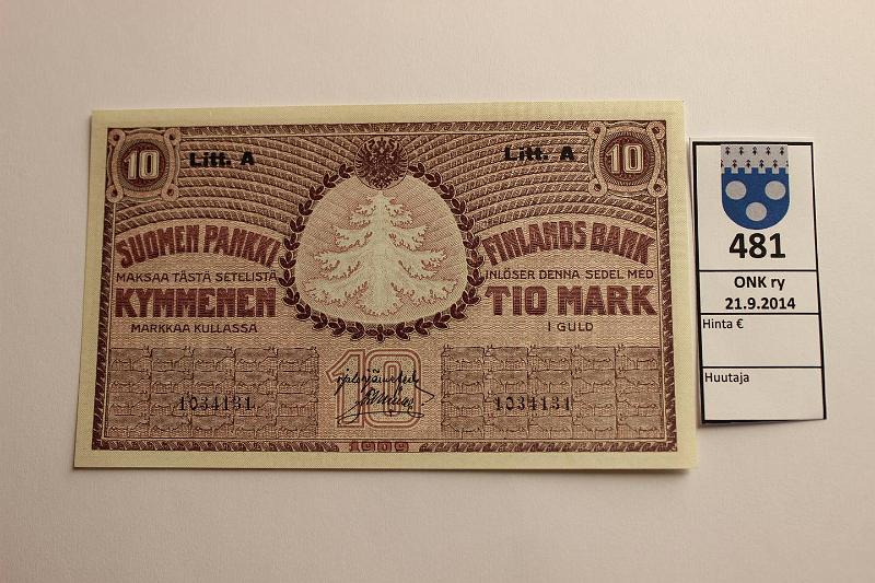 k-0481-a.jpg - Kohde 481, lhthinta: 100 € / myyntihinta: 100 € 10 mk 1909 LA SNY 141.4 1034131 JR-Ml, kunto: 9