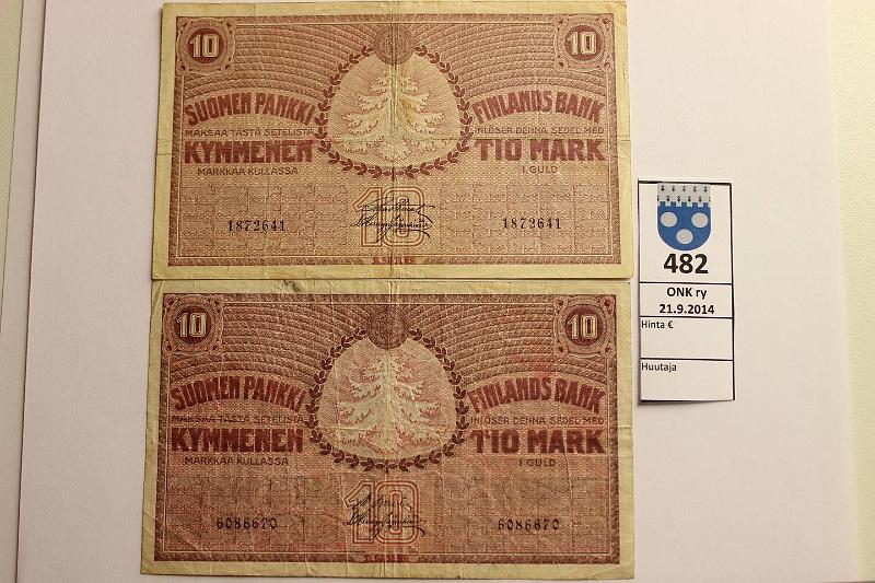k-0482-a.jpg - Kohde 482, lhthinta: 40 € 10 mk 1918 (2) SNY 142.1, 142.2 1872641 STE-His, prep, 6086670 BAS-His, voim.punainen, tahroja, kunto: 4