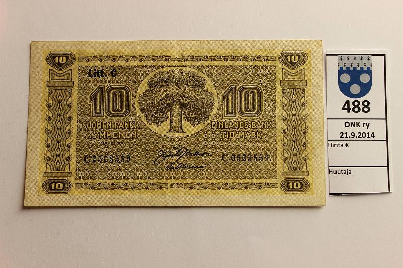 k-0488-a.jpg - Kohde 488, lhthinta: 15 € / myyntihinta: 22 € 10 mk 1922 LC SNY 143.4 C0503559 KAL-Kiv, harv. ak pari (v), kunto: 5