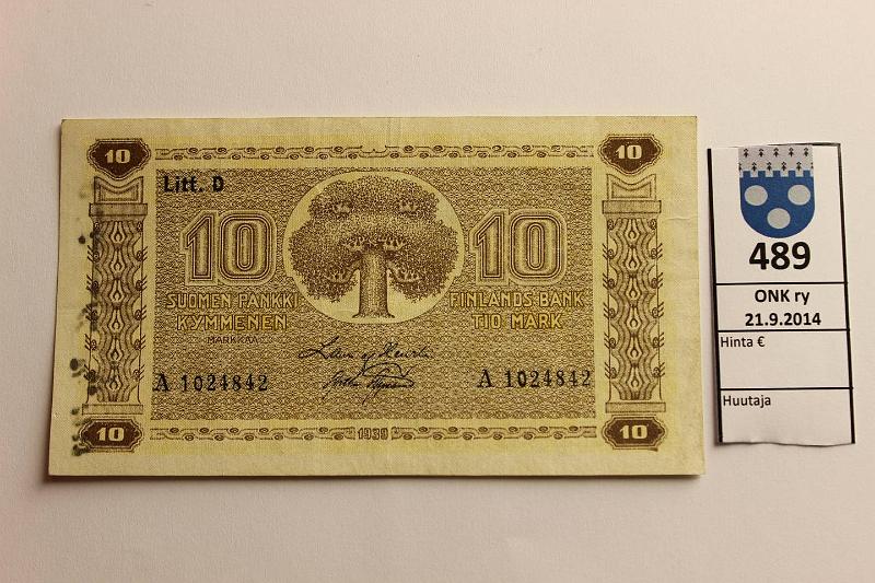 k-0489-a.jpg - Kohde 489, lhthinta: 30 € / myyntihinta: 36 € 10 mk 1939 LD SNY 144.1 A1024842 HEU-AAs, kulmakuvio I, vl I. Teksti: "Rintamalla 31/12 1939 V.V", kunto: 5