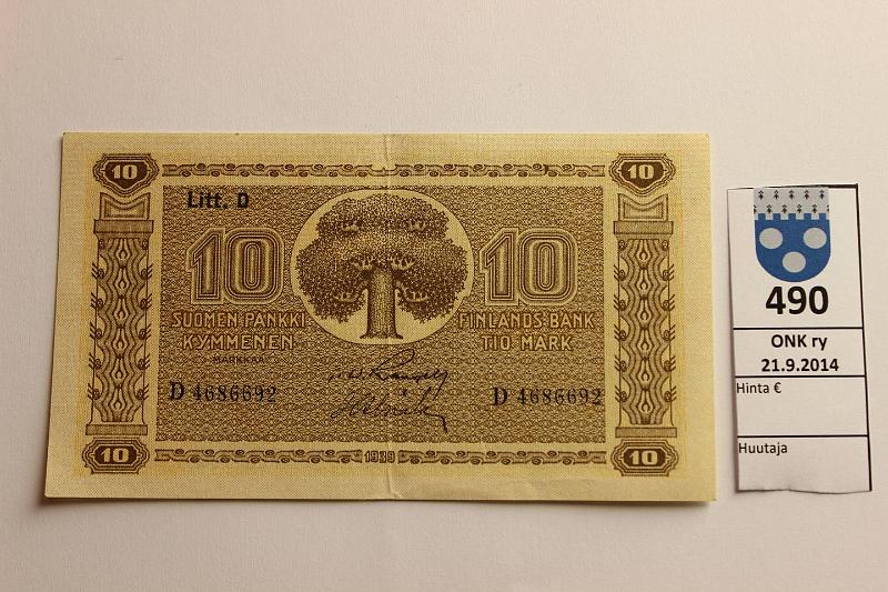 k-0490-a.jpg - Kohde 490, lhthinta: 30 € 10 mk 1939 LD SNY 144.4 D4686692 RAN-Als, kulmakuvio II, vl II, kunto: 6