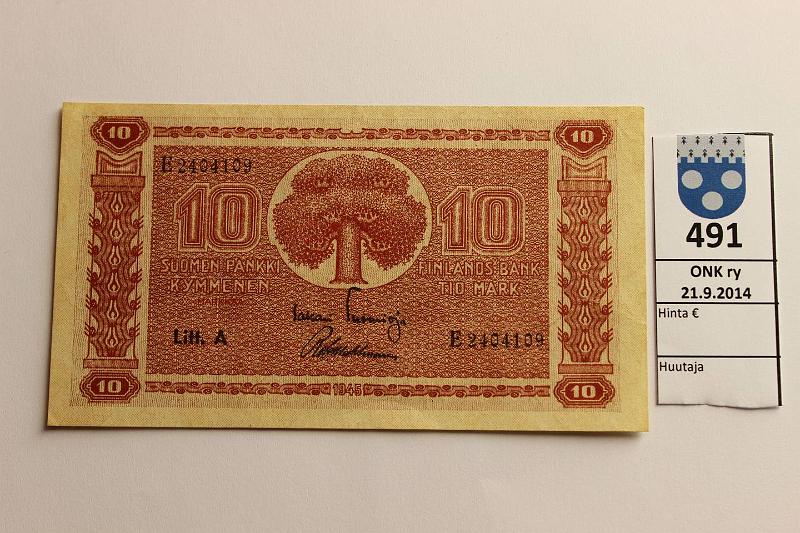 k-0491-a.jpg - Kohde 491, lhthinta: 8 € / myyntihinta: 10 € 10 mk 1945 LA SNY 145.1 E2404109 TUO-Wah, pintaeloa, ei taitteita, kunto: 8