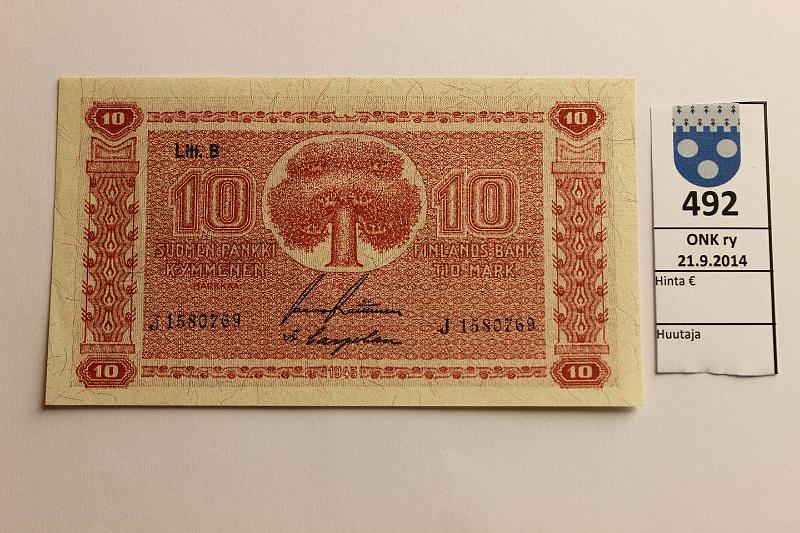 k-0492-a.jpg - Kohde 492, lhthinta: 8 € / myyntihinta: 10 € 10 mk 1945 LB SNY 145.2 J1587069 RAI-Car, kevyt painuma, ei taitteita, kunto: 9