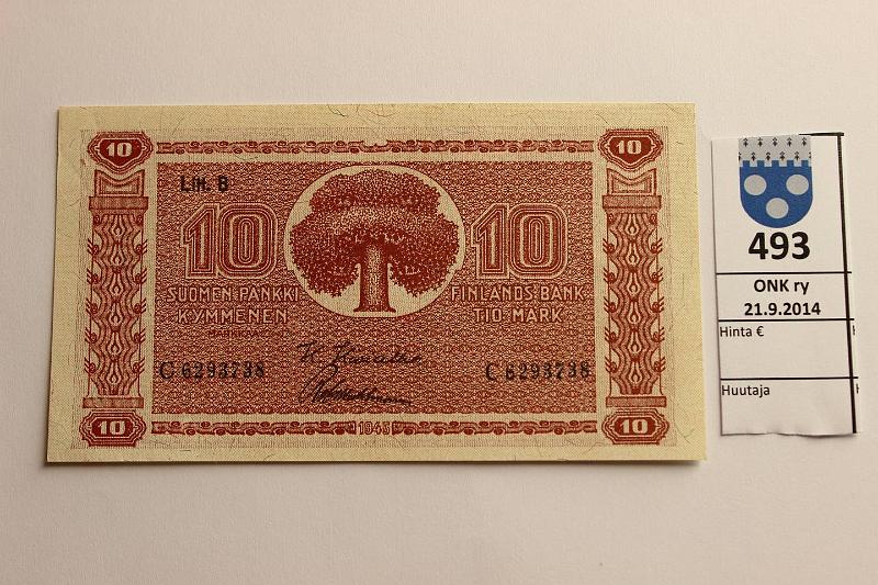 k-0493-a.jpg - Kohde 493, lhthinta: 10 € / myyntihinta: 11 € 10 mk 1945 LB SNY 145.2 C6293738 KIV-Wah, tummanpunainen. Kevyt painauma, ei taitteita, harv. ak pari (v), kunto: 9