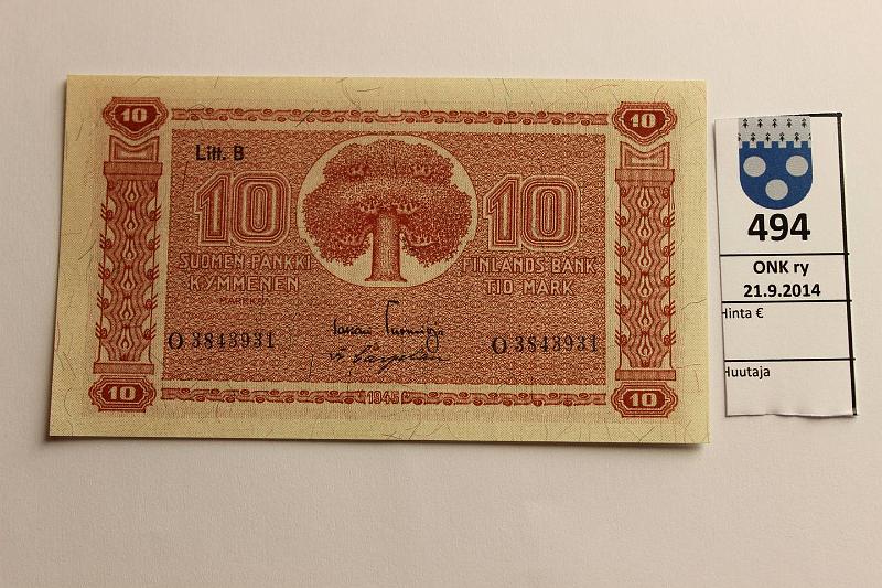 k-0494-a.jpg - Kohde 494, lhthinta: 10 € / myyntihinta: 10 € 10 mk 1945 LB SNY 145.2 O3843931 TUO-Car, kunto: 10