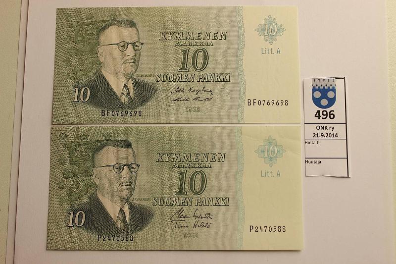 k-0496-a.jpg - Kohde 496, lhthinta: 12 € / myyntihinta: 13 € 10 mk 1963 LA (2) SNY 146.5 P247..KO I-He, BF076..KA I-Pu1, vl I, kunto: 6,9