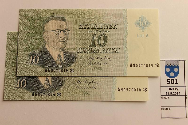 k-0501-a.jpg - Kohde 501, lhthinta: 15 € / myyntihinta: 23 € 10 mk 1963 LA* (2) SNY 146.7 AN0570014-15* KA I-Ko1 vl I, perkkiset korvaavat. Painumia, ei taitteita, kunto: 7