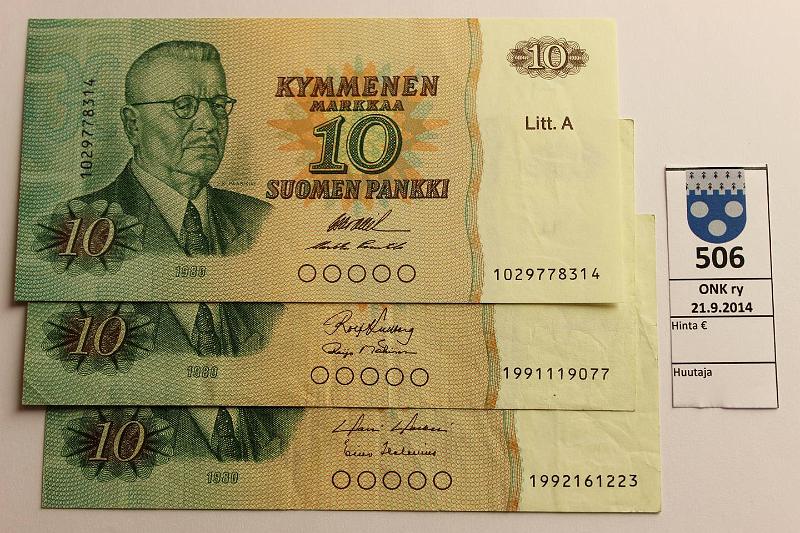 k-0506-a.jpg - Kohde 506, lhthinta: 5 € / myyntihinta: 15 € 10 mk 1980 LA (3) SNY 147.4, 147.5 1029..OL I-Pu1; 1991..KU I-M1, 1992..HOL-Hes, korvaavia, kunto: 8,4,4