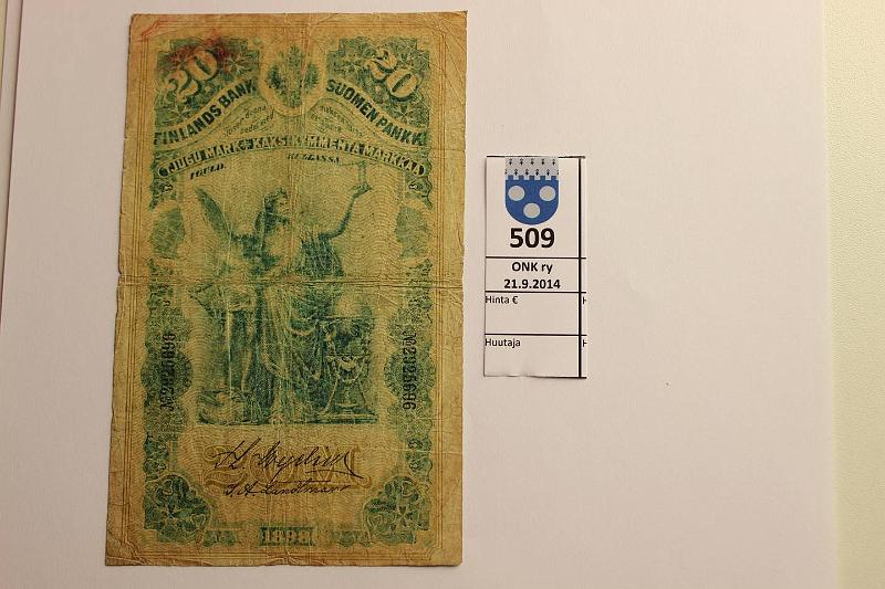 k-0509-a.jpg - Kohde 509, lhthinta: 20 € / myyntihinta: 36 € 20 mk 1898 SNY 154.2 2925696 WEG-Lan, neulanreik, prep, kunto: 3