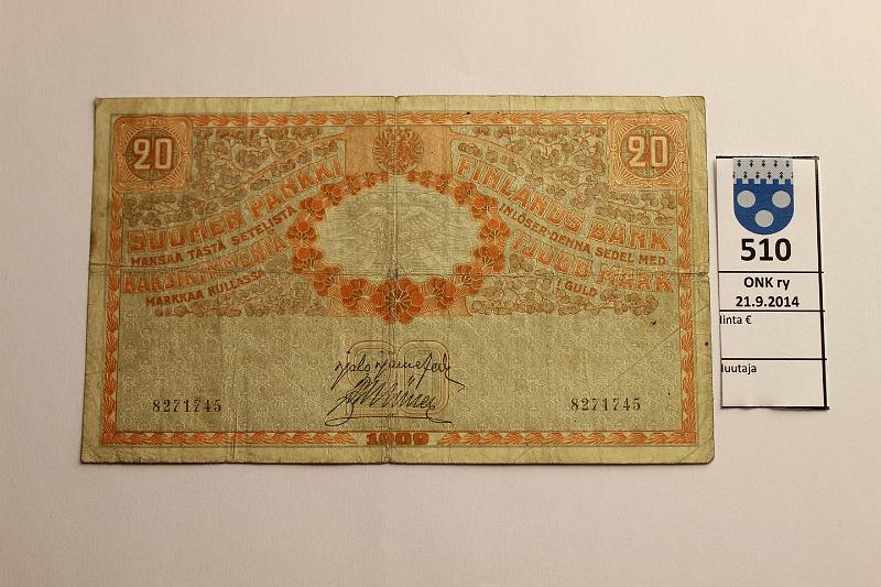 k-0510-a.jpg - Kohde 510, lhthinta: 15 € / myyntihinta: 15 € 20 mk 1909 SNY 156.1 8271745 JR-Ml, rep, reiki, kunto: 3