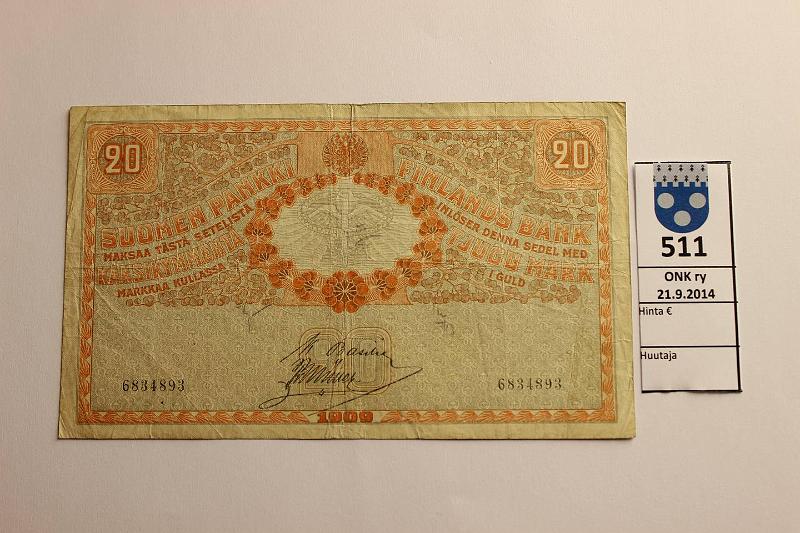 k-0511-a.jpg - Kohde 511, lhthinta: 20 € / myyntihinta: 20 € 20 mk 1909 SNY 156.1 6834893 BA I-Ml, kunto: 3