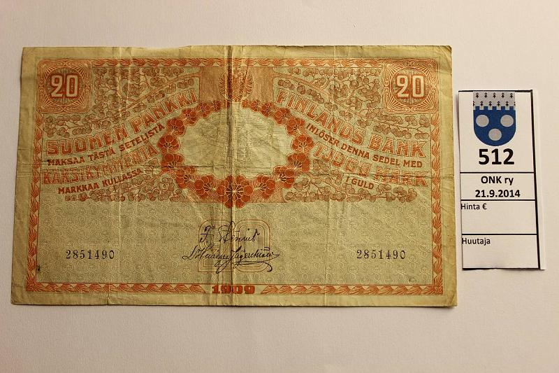 k-0512-a.jpg - Kohde 512, lhthinta: 30 € / myyntihinta: 40 € 20 mk 1909 SNY 156.1 2851490 STE-His, neulanreik, ptahroja. Vaikea ak pari: kirja ei tunne, kunto: 4