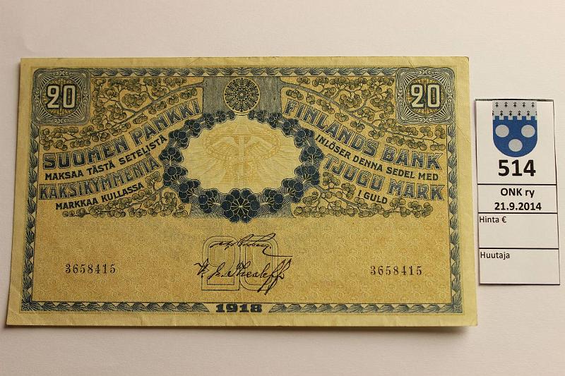 k-0514-a.jpg - Kohde 514, lhthinta: 30 € / myyntihinta: 54 € 20 mk 1918 SNY 157 3658415 BRG-The, kunto: 5