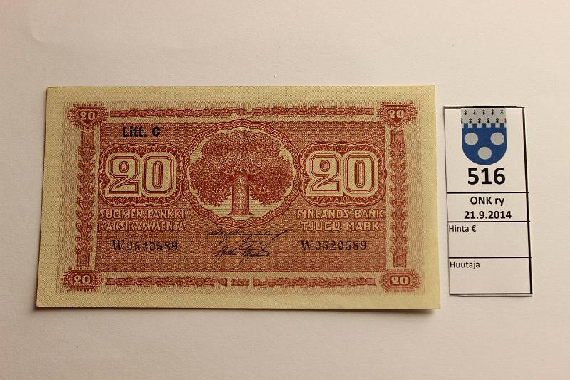 k-0516-a.jpg - Kohde 516, lhthinta: 15 € / myyntihinta: 30 € 20 mk 1922 LC SNY 158.4 W0520589 BUR-AAs, kunto: 7