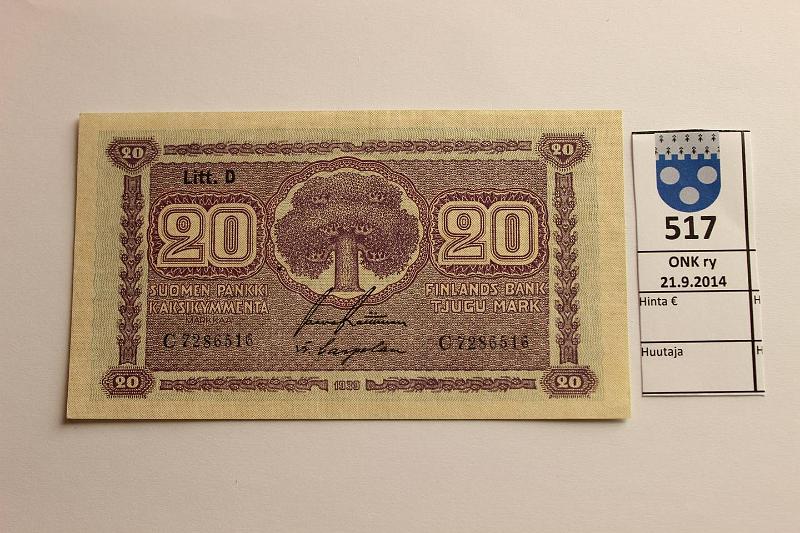 k-0517-a.jpg - Kohde 517, lhthinta: 10 € 20 mk 1939 LD SNY 159.1 C7286516 RAI-Car, vl I, kunto: 7