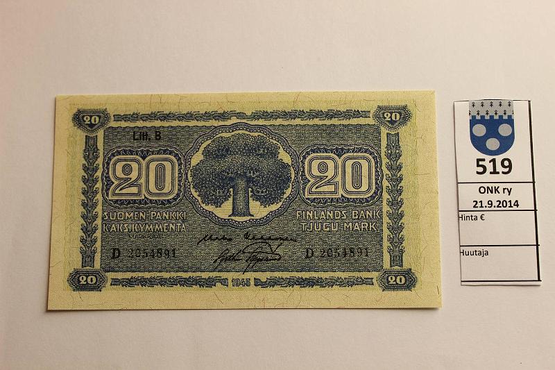 k-0519-a.jpg - Kohde 519, lhthinta: 8 € / myyntihinta: 18 € 20 mk 1945 LB SNY 160.2 D2054891 KEK-AAS, kunto: 9