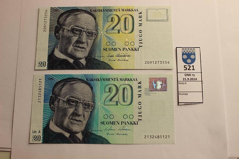 k-0521-a.jpg - Kohde 521, lhthinta: 6 € / myyntihinta: 9 € 20 mk 1993 ilman litt, LA SNY 161.1, 161.2 209..H II-Ko2; 213..HOL-Ko2, kunto: 9